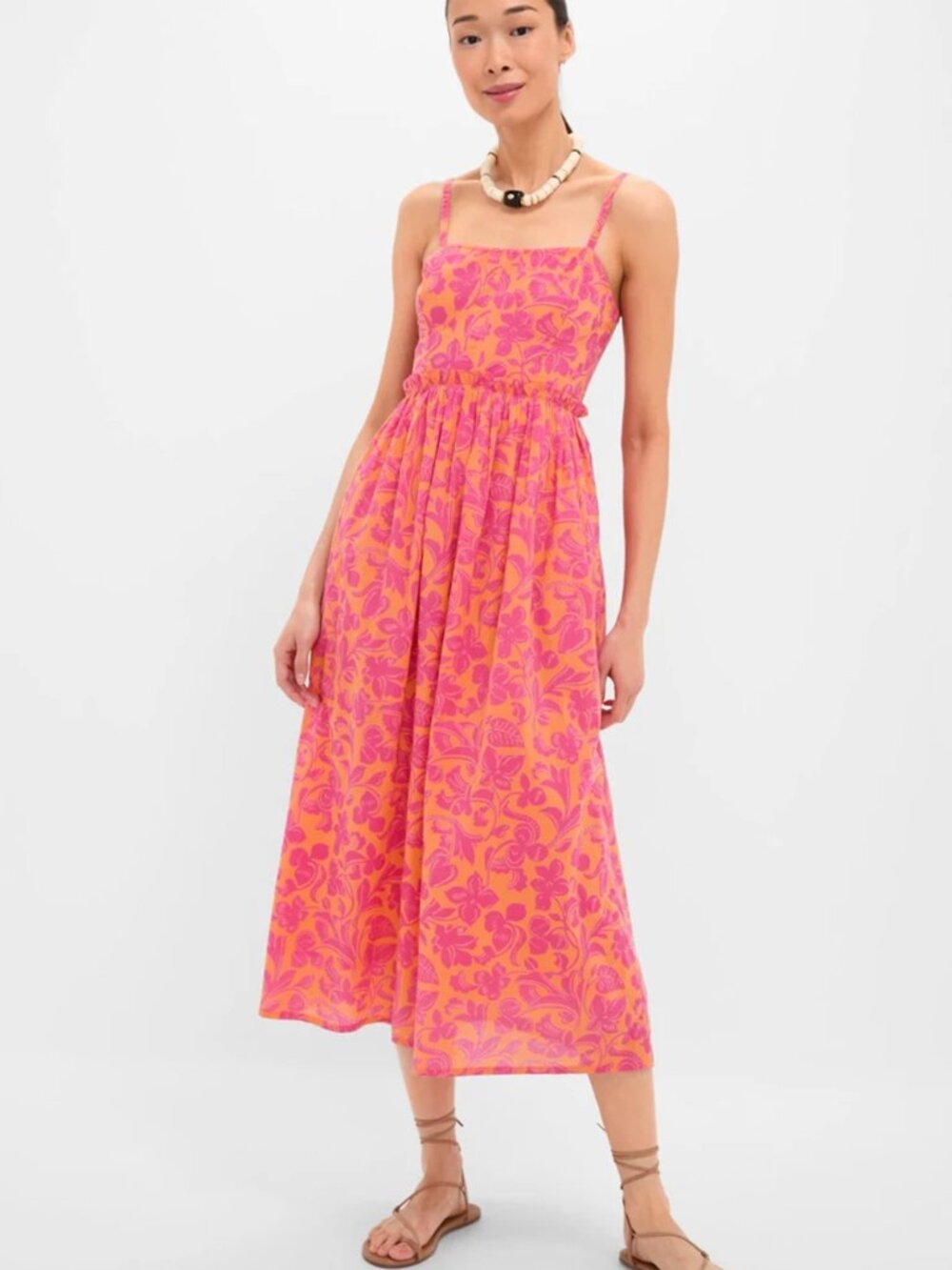 NEW Banjanan Spaghetti Strap Floral Print Midi Dress Smocking in Back L
